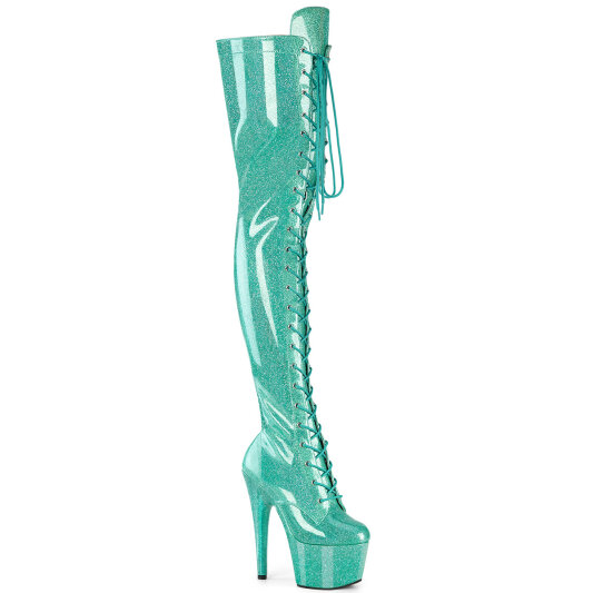Pleaser ADORE-3020GP Platform Overknee Boots Patent Glitter Turquoise