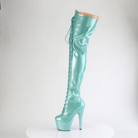 Pleaser ADORE-3020GP Platform Overknee Boots Patent Glitter Turquoise