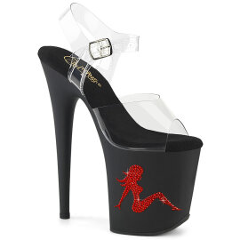 Pleaser FLAMINGO-808TGRS Platform Sandalettes Clear Rhinestones Black Red
