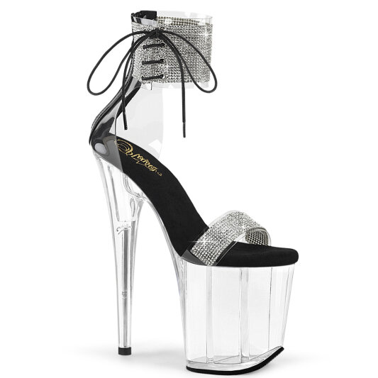 Pleaser FLAMINGO-827RS Platform Sandalettes Clear Rhinestones Silver Black