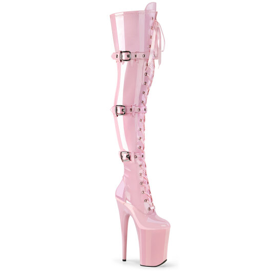 Pleaser INFINITY-3028 Platform Overknee Boots Clear Rhinestones Pink