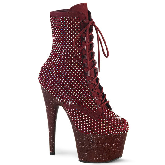 Pleaser ADORE-1020RM Platform Ankle Boots Faux Leather Rhinestones Mesh Burgundy EU-37 / US-7