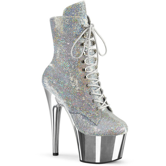 Pleaser ADORE-1020SQ-02 Platform Ankle Boots Chrome Hologram Sequins Silver EU-35 / US-5