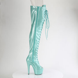 Pleaser ADORE-3021GP Platform Overknee Boots Patent Glitter Blue EU-41 / US-11
