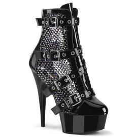Pleaser DELIGHT-1013RM Platform Ankle Boots Patent Rhinestones Mesh Black EU-40 / US-10