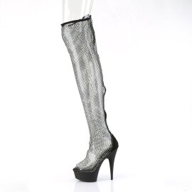 Pleaser DELIGHT-3009 Platform Overknee Boots Faux Leather Rhinestones Mesh Black EU-35 / US-5
