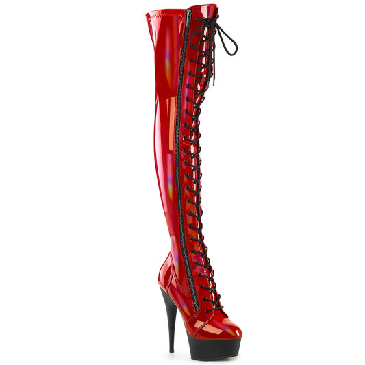 Pleaser DELIGHT-3029 Platform Overknee Boots Patent Hologram Red EU-35 / US-5