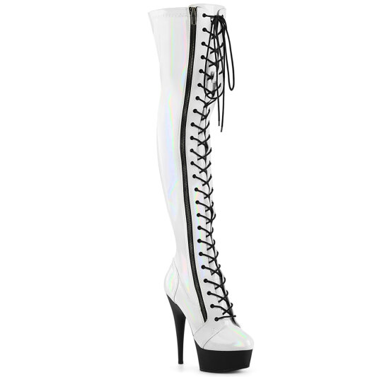 Pleaser DELIGHT-3029 Platform Overknee Boots Patent Hologram White EU-35 / US-5