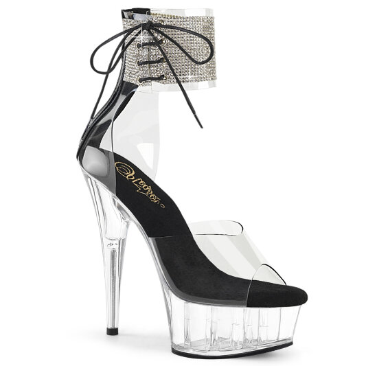 Pleaser DELIGHT-624RS Platform Sandalettes Clear Rhinestones Black EU-42 / US-12
