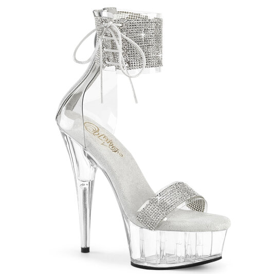 Pleaser DELIGHT-627RS Platform Sandalettes Clear Rhinestones Transparent Silver EU-39 / US-9