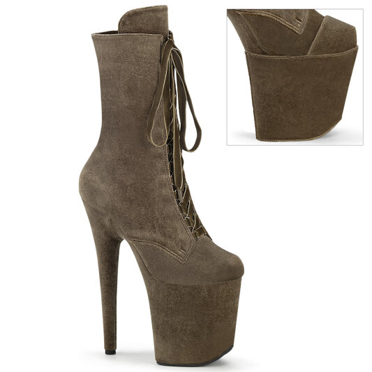Pleaser FLAMINGO-1045VEL Platform Ankle Boots Velvet Khaki EU-42 / US-12