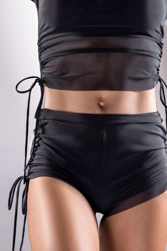 Polerina Shorts Side Cinch Black Fine Mesh