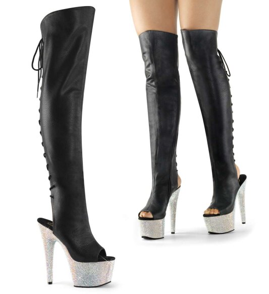 Pleaser Overknee Boots BEJEWELED-3019DM-7 Black Faux Leather/Silver Multi RS EU-35 / US-5