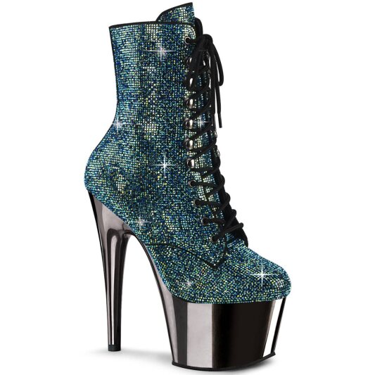 Pleaser ADORE-1020CHRS Plateau Ankle Boots Rhinestones Chrome Turquoise