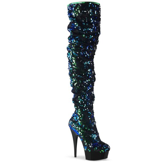 Pleaser DELIGHT-3004 Plateau Overknee Boots Sequins Green