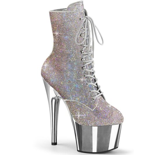 Pleaser ADORE-1020CHRS Plateau Ankle Boots Multi Rhinestones Chrome Silver EU-38 / US-8