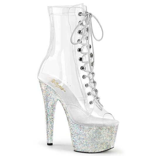 Pleaser BEJEWELED-1021C-7 Plateau Ankle Boots Rhinestones Transparent Silver EU-36 / US-6