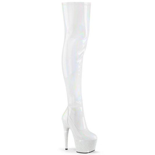 Pleaser BEJEWELED-3000-7 Plateau Overknee Boots Holo Rhinestones White EU-44 / US-14