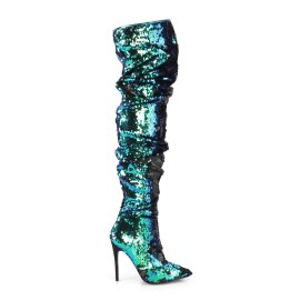 Pleaser COURTLY-3011 Overknee Boots Sequins Green Blue EU-41 / US-11